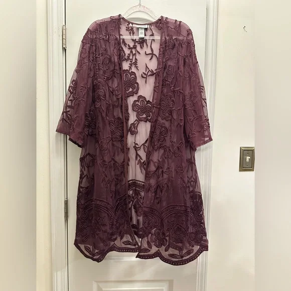Catherines Rich Purple/ Maroon Sheer Lace kimono cardigan - Picture 5 of 10